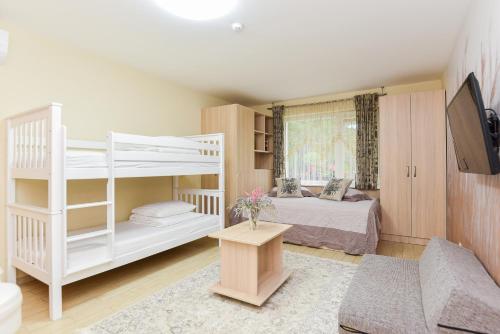 a bedroom with a bunk bed and a couch at Vila Laurus in Palanga