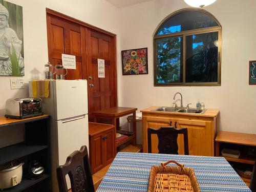 een keuken met een koelkast, een tafel en een wastafel bij The Garden Apartment at The Hacienda in Boquete