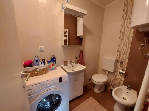 a bathroom with a washing machine and a toilet at Garden House Novi Sad in Novi Sad