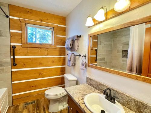 a bathroom with a toilet and a sink and a mirror at Scenic Wonders & Apt. in Yosemite West