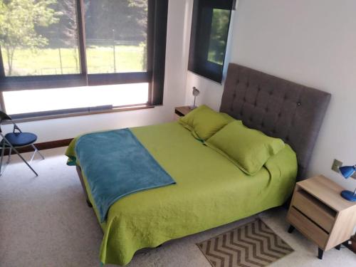 Un dormitorio con una cama verde y una ventana en Parque Pinares-Maravilloso-Playa -Muelle-Bosque en Pucón