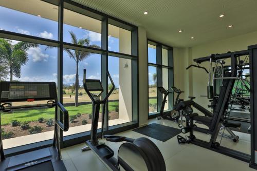 a gym with treadmills and ellipticals and windows at Fourteen at Mullet Bay in Cupecoy