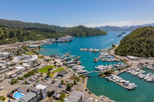 an aerial view of a marina with boats in the water at Harbour View Motel in Picton