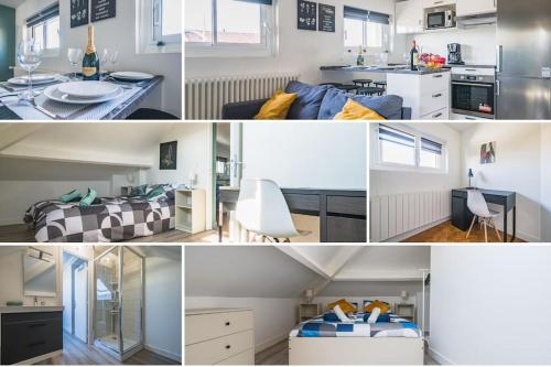 uma colagem de fotos de uma cozinha e uma sala de estar em Le SAPHIR - 20min from Paris & CDG Airport - 2 bathrooms - 2 Desks em Drancy