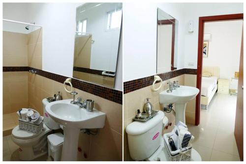 two pictures of a bathroom with a sink and a toilet at Luxury House 11 Private Beach 45Min Guayaquil in Salinas