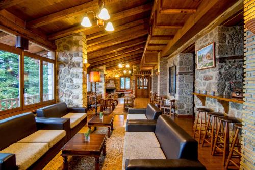 a living room with couches and tables and chairs at Pigi Tarlampa Hotel in Ano Trikala