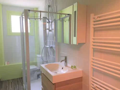une salle de bain avec un lavabo et une douche dans l'établissement Appartement T2 pour 4 avec balcon, Wi-Fi gratuit, proche des pistes et équipements complets - FR-1-457-220, à Saint-Lary-Soulan