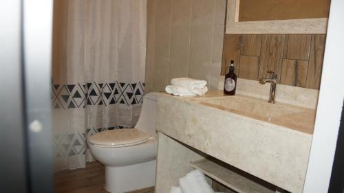 een badkamer met een toilet en een wastafel met een fles zeep bij Casa Apolonia in Santa Lucía