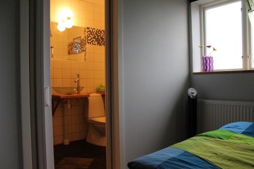 a bathroom with a shower and a toilet and a sink at Hotel Borrby in Borrby