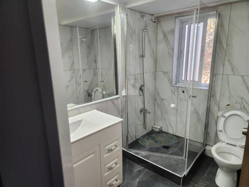 een badkamer met een douche, een wastafel en een toilet bij Bari suite at Royal Park in Eilat