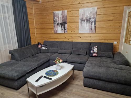 a living room with a couch and a table at Baložu rezidence in Jūrmala