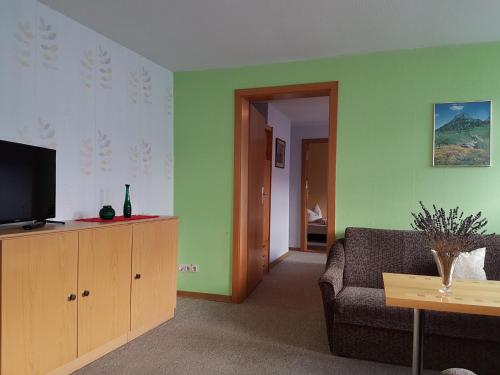a living room with a couch and a television at Pension Zur Altdeutschen in Zschopau
