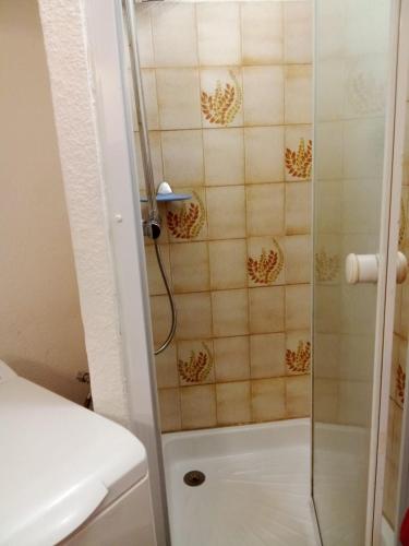 une douche avec une porte vitrée dans une salle de bain dans l'établissement T1 hyper centre de Valras plage, à Valras-Plage