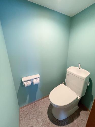 a bathroom with a white toilet in a blue wall at Kikusui Ryokan in Tamano