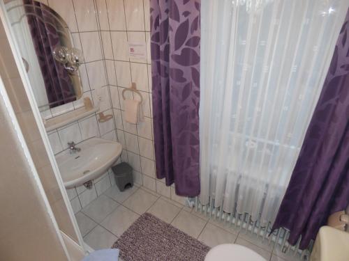 a bathroom with a sink and a toilet and a shower at Hotel Diele in Detmold