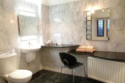 a bathroom with a toilet and a sink and a mirror at Dalston Hall in Carlisle