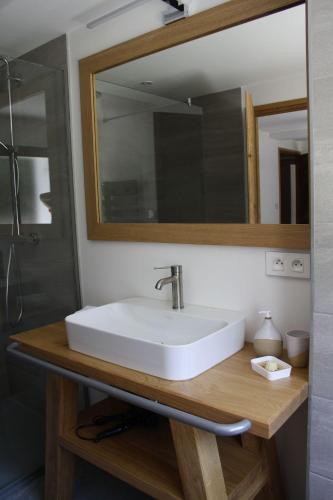 a bathroom with a white sink and a mirror at L'Etincelle Mountain Lodge in Chamrousse