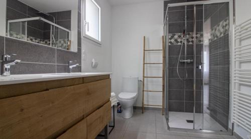 a bathroom with a shower and a sink and a toilet at Gîte l'angélique Fleurs des Pyrénées in Argelès-Gazost