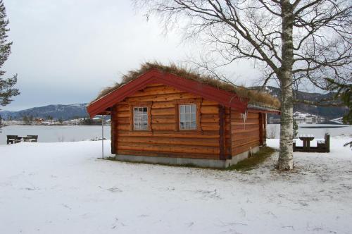 a log cabin with a grass roof in the snow at Nisser Hyttegrend og Camping in Fjone