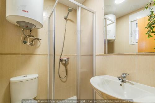 a bathroom with a shower and a toilet and a sink at Duplex PARAISO VERA Playa PISCINA PRIVADA in Vera