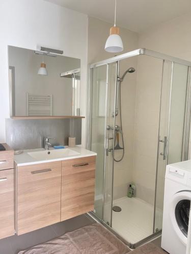 a bathroom with a shower and a sink and a washing machine at Appartement au centre de St Martin de Belleville in Saint-Martin-de-Belleville