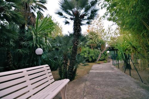a white bench sitting in a park with palm trees at Villa Very in Marina di Campo