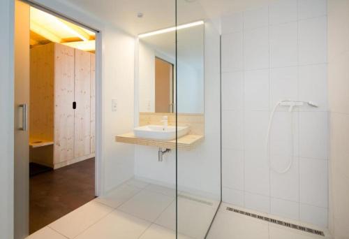 a bathroom with a glass shower and a sink at Pivovar Kocour in Varnsdorf