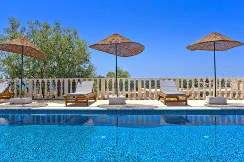 two chairs and umbrellas next to a swimming pool at Patara Evleri in Patara