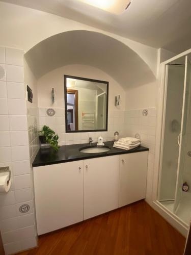 a bathroom with a sink and a mirror at LE MURA in Genoa