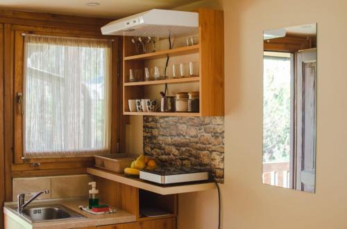 eine Küche mit einem Waschbecken und einem Spiegel in der Unterkunft Brvnare Ala Vrdnik in Vrdnik