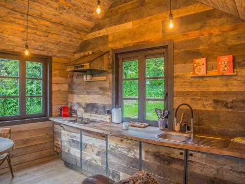 eine Küche mit Holzwänden und einer Theke mit einer Spüle in der Unterkunft Holiday home 'Be Chalet' in the heart of nature in Ferrieres in Ferrières