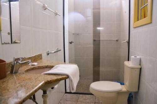 a bathroom with a shower and a toilet and a sink at Casa Xixo Escultura in Gramado