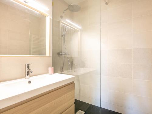 La salle de bains est pourvue d'un lavabo et d'une douche. dans l'établissement Les Tetras- 60- Appart Renove - 8 pers, à Saint-Sorlin-dʼArves