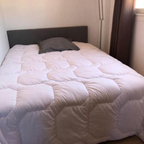 - un lit blanc avec un oreiller dans l'établissement 2 pièces 2 terrasses 100 m Croisette très clair., à Cannes