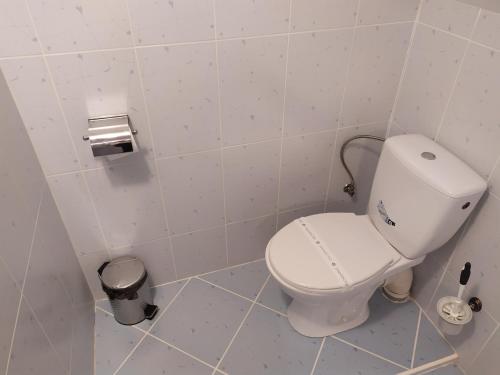 a white toilet in a bathroom with a trash can at Apartmány Orava - Zuberec in Zuberec