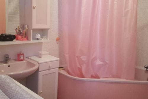 La salle de bains est pourvue d'un rideau de douche rose et d'un lavabo. dans l'établissement Grande Maison de charme, à Sainte-Magnance