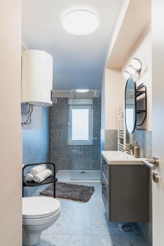 a bathroom with a toilet and a sink and a mirror at Vila Valentina in Ljubljana