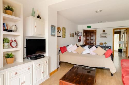 a living room with a couch and a tv at Casa de Las Flores - Apartamento con jardín privado frente a la Playa de Comillas in Comillas