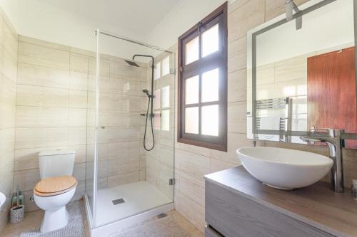 ein Badezimmer mit Waschbecken, Toilette und Dusche in der Unterkunft Cantinho Rural in Camacha