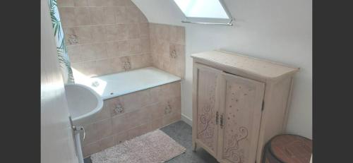 ein kleines Bad mit einem Waschbecken und einer Dusche in der Unterkunft Maison de paludier in Guérande