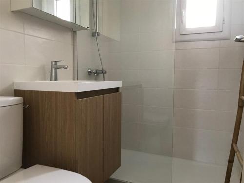 une salle de bain avec un lavabo et des toilettes dans l'établissement Magnifique T2 en bord de mer, 4 couchages, terrasse, parking, plage à pied, proche commerces et Aqualand - FR-1-81-56, à Port-Leucate