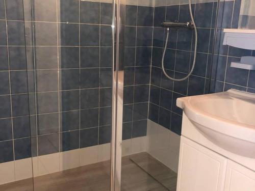 une salle de bain avec douche et lavabo dans l'établissement Villa 3 pièces + mezzanine, 6 pers, Wifi, Parking privé, bord du lac, près de la plage - FR-1-81-80, à Port-Leucate