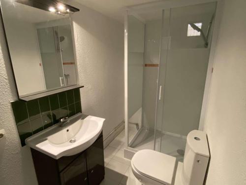 une salle de bain avec une douche, des toilettes et un lavabo dans l'établissement Villa T2 avec mezzanine, terrasse, parking privé, proche commerces et plage, calme, 6 couchages - FR-1-81-91, à Port-Leucate