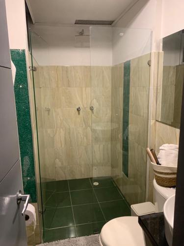 y baño con ducha y aseo. en Confortable Apartaestudio, en Bogotá