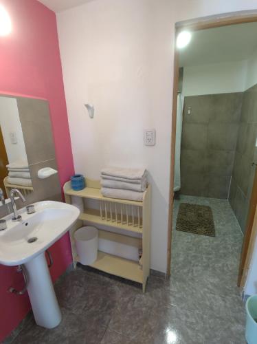 y baño con lavabo y ducha. en Departamentos Yexalen PA en El Calafate