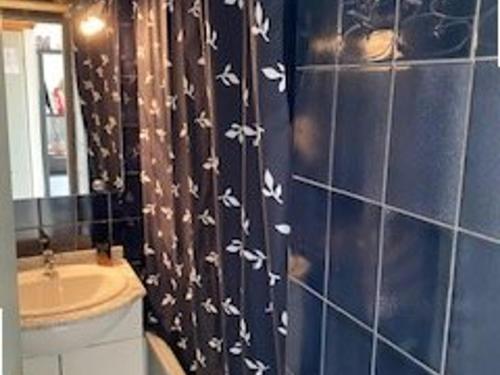 La salle de bains est pourvue d'un rideau de douche avec des papillons. dans l'établissement Studio Cabine à Le Barcarès, 4 couchages, terrasse, parking, piscine et activités sportives - FR-1-195-23, au Barcarès