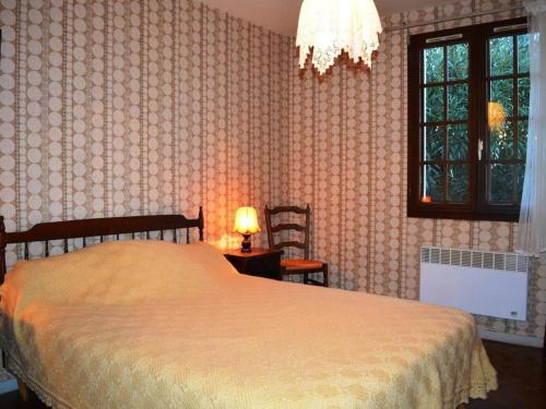 1 dormitorio con cama, ventana y lámpara en Maison Saint-Cyprien, 4 pièces, 7 personnes - FR-1-225D-130 en Saint-Cyprien-Plage