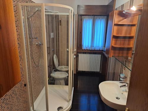 uma casa de banho com um chuveiro, um WC e um lavatório. em CONCO HOUSE em Calalzo