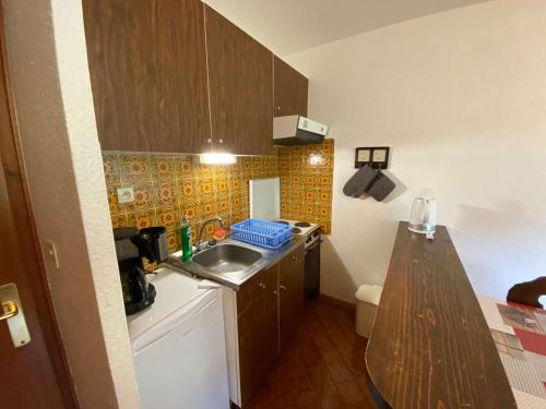 uma pequena cozinha com um lavatório e um balcão em Appartement Le Grand-Bornand, 1 pièce, 4 personnes - FR-1-241-75 em Le Grand-Bornand