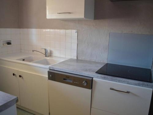 une cuisine avec un évier et un plan de travail dans l'établissement Appartement 3 pièces, central, proche plage, 6 couchages, vue mer, lave-vaisselle, animaux admis - FR-1-225C-318, à Banyuls-sur-Mer